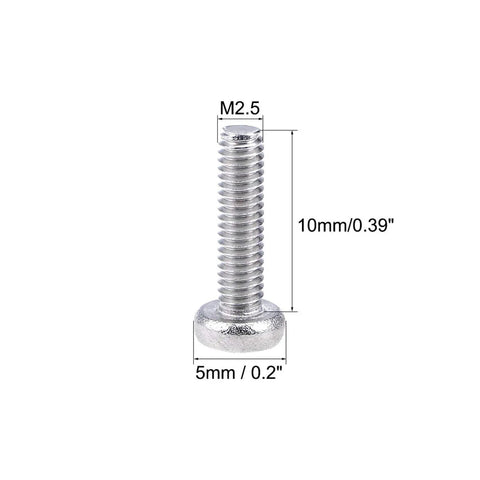 Real Deal M2.5X10mm Machine Screws Pan Phillips Cross Head 304 Stainless Steel Fasteners Bolts close up with dimensions