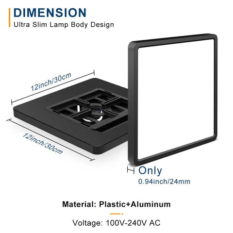 12 Inch Square LED Ceiling Light 24W 5000K Daylight White, Ultra Slim Flush Mount shown from side with dimensions, black frame.