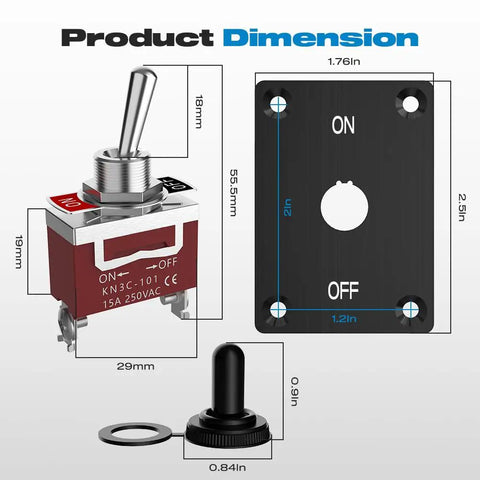 Heavy Duty 12V 30A SPST Toggle Switch Waterproof On Off 2 Pin With Panel Mount And Waterproof Cap dimensions diagram