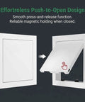 Top Shelf Heavy Duty Aluminum Access Panel Door For Drywall And Ceiling, Recessed Plumbing Cover With Push To Open Hatch, Built Ridiculously Tough With Zero Sweat Install For Your Next Renovation Black 8X12 Inch push-to-open design showing access panel function.