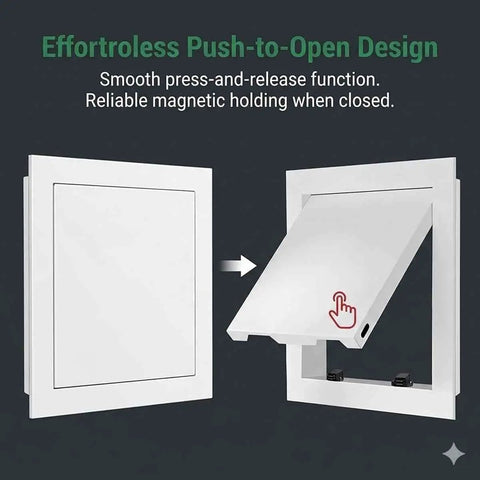 Top Shelf Heavy Duty Aluminum Access Panel Door For Drywall And Ceiling, Recessed Plumbing Cover With Push To Open Hatch, Built Ridiculously Tough With Zero Sweat Install For Your Next Renovation Black 8X12 Inch push-to-open design showing access panel function.