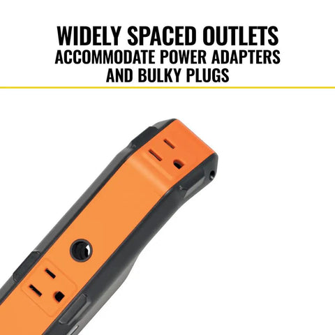 Side view of Magnetic Power Strip With Motion Sensor LED Light, 5 Outlets, USB C And 2 USB A Ports, heavy duty workshop surge protector.