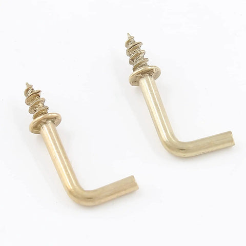 Gold L Shaped Screw Hooks Half Inch Self Tapping Right Angle Square Bend 7 Shape Hook, close-up view.