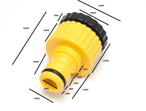 40 Pack Real Heavy Duty Snap On Tap Connectors Quick Fix Adapter Reducer 3/4 By 1/2 Inch Garden Hose Fittings close-up view of yellow plastic adapter showing measurements.