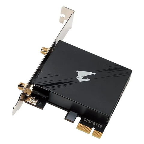 WiFi 6E AX210 PCIe Expansion Card With Bluetooth 5.2, 2x2 Tri Band 6GHz, angled view showing connectors and branding.
