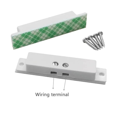 Four Pack NC Wired Door Alarm Magnetic Contact Sensor with double sided tape for easy install, includes screws and wiring terminal.
