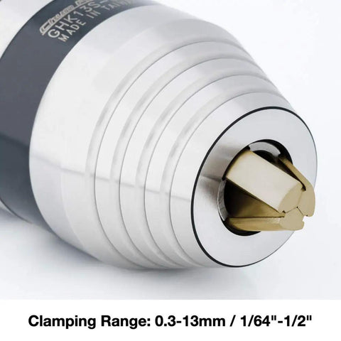Beefy Titanium Drill Chuck With JT6 Mount 0.3 To 13 Mm Clamping Range 400 To 750 Kgf-Cm Power Bi-Directional Spin Ultra Precise 0.05 mm Accuracy 1/64 To 1/2 Inch Capacity For Fast Smooth Drilling close-up