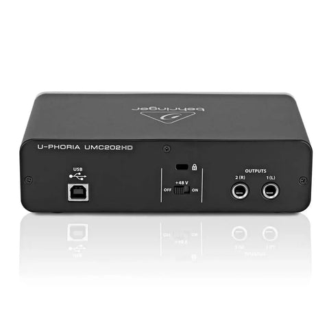 Back view of USB Audio Interface 2x2 24 Bit 192 kHz with Midas Preamps showing USB and audio output ports
