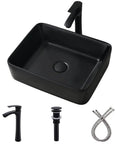 Matte Black Vessel Sink With Faucet And Drain Included, 19 By 15 Inch Rectangular Above Counter Ceramic Vanity Basin