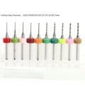 Ten Piece Set Of 0.6 To 1.5mm Pro Grade Carbide Drill Bits displayed in a stand, showing different colored holders.