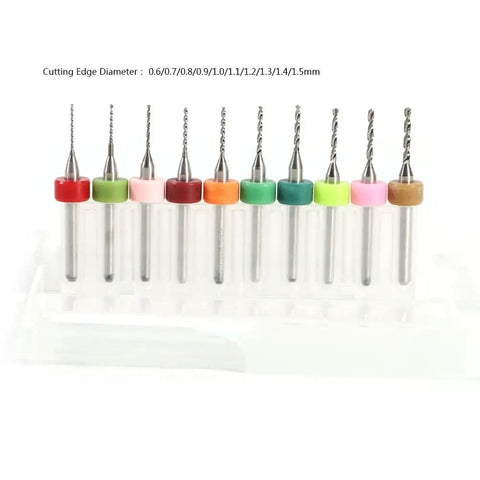 Ten Piece Set Of 0.6 To 1.5mm Pro Grade Carbide Drill Bits displayed in a stand, showing different colored holders.