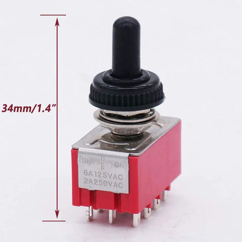 Mini Toggle Switch 4PDT 3 Position On Off On With 12 Pins Waterproof Cap for cars and boats, red casing, dimensions labeled
