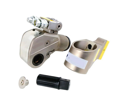 Heavy Duty Hydraulic Torque Wrench Two And A Half Inch Square Drive Adjustable Range Aluminum Alloy Body components including handle and socket.