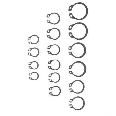 Super Solid 100 Pc 304 Stainless Steel External Retaining Ring Set Circlips arranged in sizes from 8mm to 18mm.