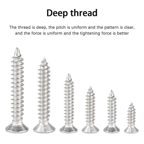 Close-up of heavy duty 304 stainless steel wood and metal screw kit with 450pcs self tapping Phillips countersunk flat head screws M3 M4 M5