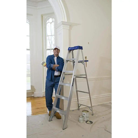 AS2108 Aluminum Stepladder With 250-Pound Duty Rating, 8 Foot Reach, Lightweight Yet Sturdy Workhorse, Anti Slip Feet With Thick Rubber Treads, Pro Top Design For Safer Home And Jobsite Use, aluminum stepladder in painted room