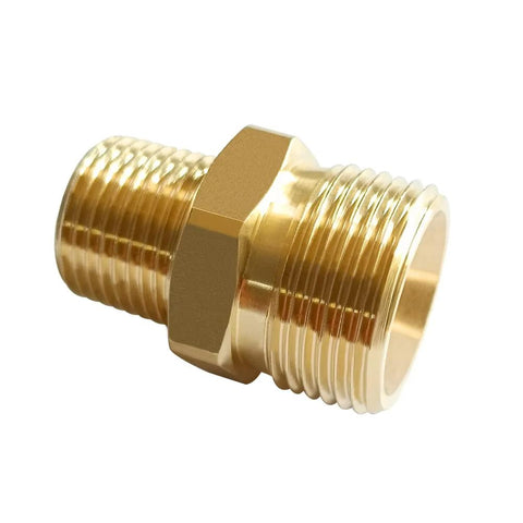 Brass pressure washer coupling adapter with hex nut, M22-14mm male to 3/8 in NPT male threads, 4500 PSI