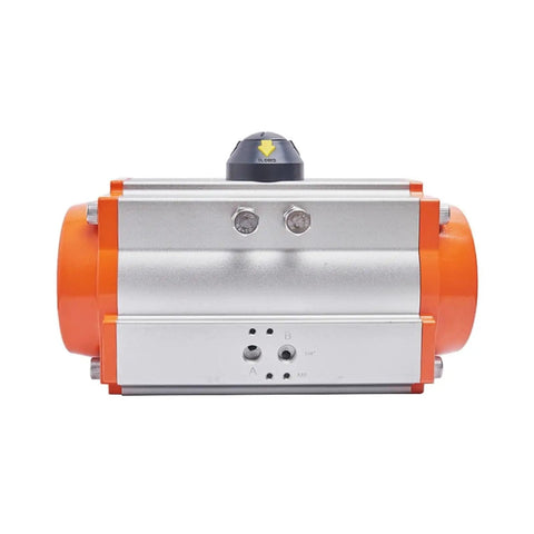 Heavy Duty Pneumatic Ball Valve Actuator Rigged For Precise 90 Degree Turns front view showing aluminum and orange finish.