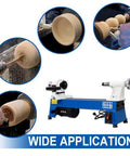 Benchtop wood lathe with blue base and white headstock; 5-speed operation for woodturning (500–3200 RPM).