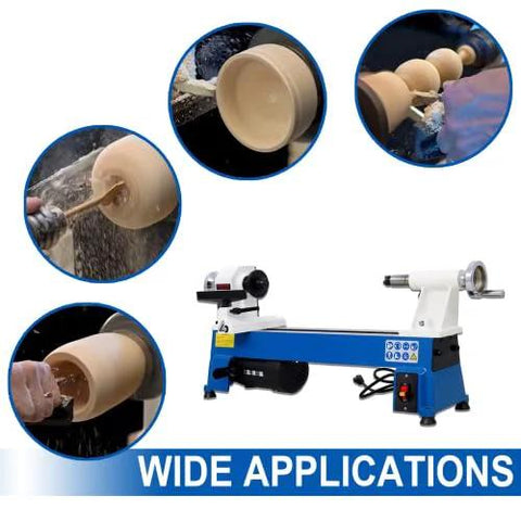 Benchtop wood lathe with blue base and white headstock; 5-speed operation for woodturning (500–3200 RPM).