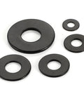 50 Pack Five Sixteenth Inch Black Flat Washers, Seven Eighths Inch Outer Diameter, One Sixteenth Inch Thick, 304 Stainless Steel Hardware Washers for Screws and Bolts, Corrosion Resistant, High Temp Durable Fastener Washers shown in assorted sizes