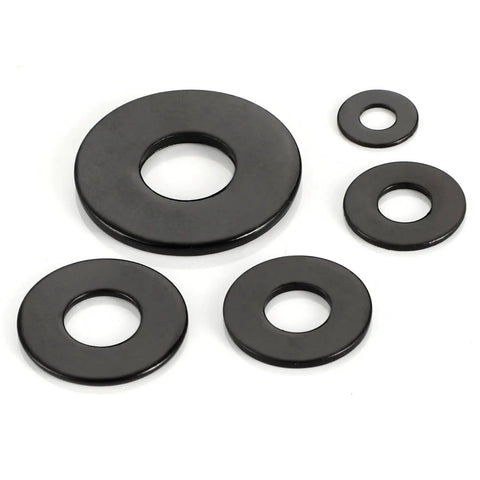 50 Pack Five Sixteenth Inch Black Flat Washers, Seven Eighths Inch Outer Diameter, One Sixteenth Inch Thick, 304 Stainless Steel Hardware Washers for Screws and Bolts, Corrosion Resistant, High Temp Durable Fastener Washers shown in assorted sizes