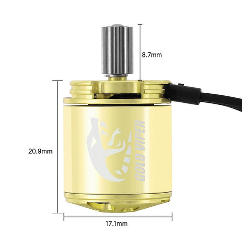 Gold Viper 1721 Brushless Motor 2800KV for 1/18 Rc Cars Upgrade TRX4M Ascent-18, gold color, dimensions shown, side view.