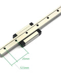 Beefy 150mm Stainless Steel MGN12 Linear Motion Rail Guide With MGN12H Carriage Block For 3D Printers And CNC Machines High Precision Ground Rail In 440C Stainless Steel For Smooth Glide And Heavy Load Capability. 150 mm MGN12 rail with carriage and hole spacing marked
