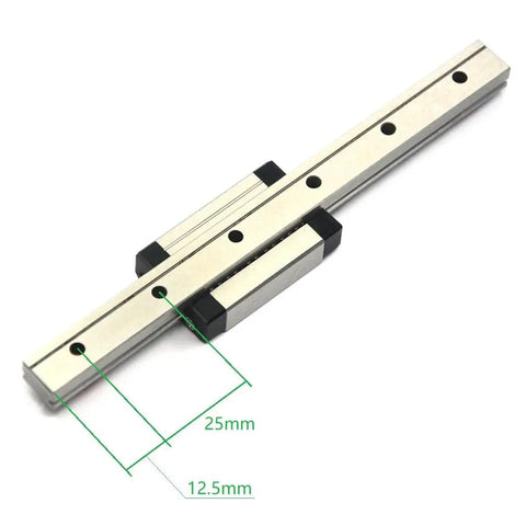 Beefy 150mm Stainless Steel MGN12 Linear Motion Rail Guide With MGN12H Carriage Block For 3D Printers And CNC Machines High Precision Ground Rail In 440C Stainless Steel For Smooth Glide And Heavy Load Capability. 150 mm MGN12 rail with carriage and hole spacing marked