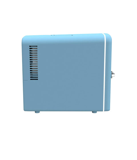Side view of Retro Mini Fridge Cooler 6L Portable Personal Refrigerator For Car Office Dorm Room Bedroom Or Cabin Blue With Vintage Charm Space Saving Design Keeps Snacks Drinks Skincare Within Easy Reach