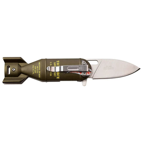 Rugged Folding Knife With Satin Finish Stainless Steel Drop Point Blade, Green Bomb Aluminum Handle With Pocket Clip, Liner Lock
