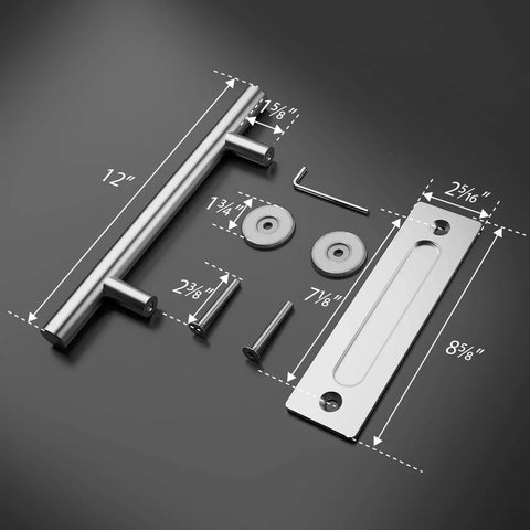Two Pack 12 Inch Sliding Barn Door Handle Set, Heavy Duty Stainless Steel Flush Pull Hardware with screws, pads, and wrench shown