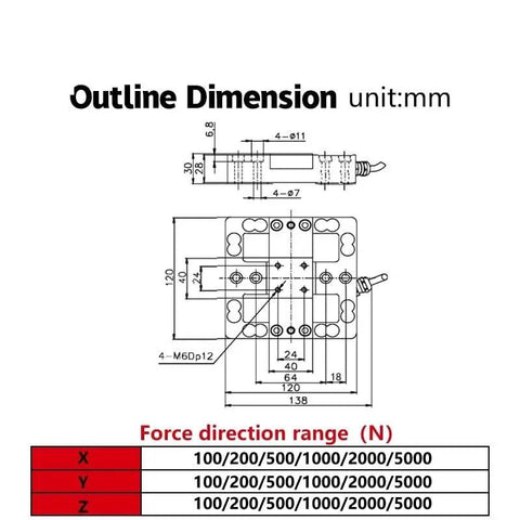 Blueprint of High Precision 3 And 6 Axis Force Sensor Load Cell For Robotic Arms, with dimensions and force direction range details.