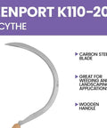 K110-20 Landscape Scythe with serrated curved blade and wood handle, shown with carbon steel blade and product details.