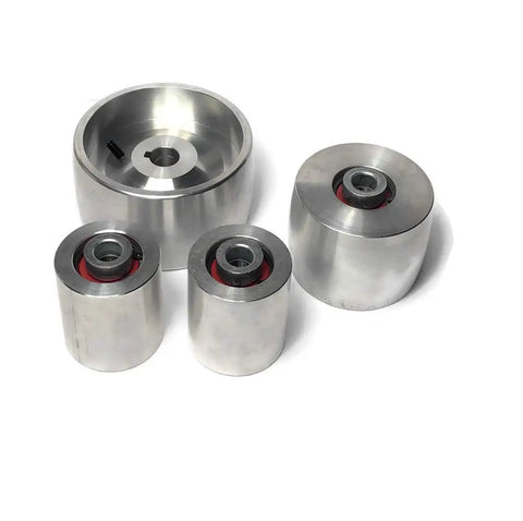 Professional Belt Grinder Wheel Set Engineered For Serious Knife Making Featuring A Gnarly 4 Inch Drive Wheel Paired With A Slick 2 Inch Idler And 5/8 Inch Bore Setup.