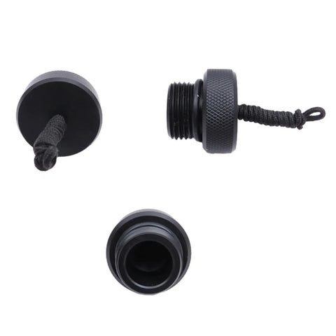 DIN Tank Valve Dust Plug Cap Protector End Cap with Cord, three views, textured black finish, scuba diving regulator cover.