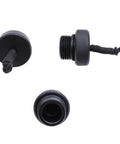 Black POM Scuba Diving DIN Tank Valve Cover and Regulator Plug End Cap Protector with Cord, threaded design, shown in three angles