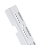 Close-up of a white 12-inch dual track bracket rail from the Four Piece Set Of Twelve Inch Dual Track Upright Wall Shelves With Notched Bracket Rail And Heavy Duty Adjustable Brackets For Quick Rock Solid Wall Mount Storage Setup.