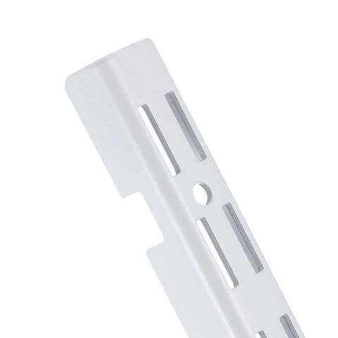 Close-up of a white 12-inch dual track bracket rail from the Four Piece Set Of Twelve Inch Dual Track Upright Wall Shelves With Notched Bracket Rail And Heavy Duty Adjustable Brackets For Quick Rock Solid Wall Mount Storage Setup.
