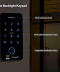 Smart WiFi Access Control Kit With IP68 Waterproof Fingerprint Keypad NC Latch Door Lock 125KHz RFID Fobs Exit Button And 12V 3A Power Supply For Tuya App showing blue backlit keypad by a door.
