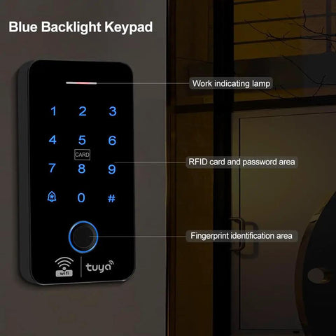 Smart WiFi Access Control Kit With IP68 Waterproof Fingerprint Keypad NC Latch Door Lock 125KHz RFID Fobs Exit Button And 12V 3A Power Supply For Tuya App showing blue backlit keypad by a door.