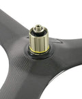 Close-up of hub on 70mm Tri Spoke Carbon Wheel For Road Bike 700C Clincher Rear Wheel With Toray T700 Rim And Shimano 8 9 10 11 Speed Cassette Body V Brake Compatible Ready To Roll.