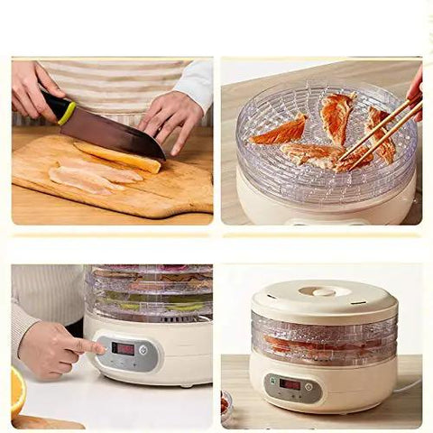Kicking Up Your Snacking Game With This Electric Fruit Dehydrator Featuring Five Sturdy Trays For Meat And Kitchen Favorites Hassle Free Drying Machine With Precise Temp Controls, showing food prep and trays.