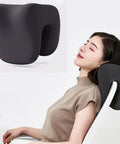 Woman using Ergonomic Headrest Pillow For Office Chairs With Comfy Memory Foam Neck Support Cushion And Removable Cover Cervical Support