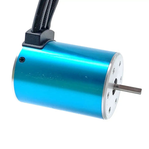 Beefy 3650 5200KV Sensorless Brushless Motor With 60A ESC And 3.175mm Shaft shown in blue aluminum casing