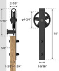 Side view of Black Wood Double Sliding Barn Door Hardware Kit With Big Spoke Wheel Rollers showing dimensions and installation details.