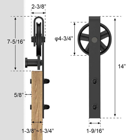 Side view of Black Wood Double Sliding Barn Door Hardware Kit With Big Spoke Wheel Rollers showing dimensions and installation details.