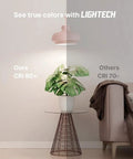 Comparison showing plant illuminated under different CRI lighting conditions with a table and pink lamp shade.