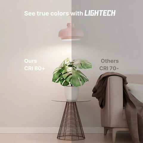 Comparison showing plant illuminated under different CRI lighting conditions with a table and pink lamp shade.