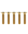 Top Shelf 5 Piece Set Of Grade 5 Titanium M6 Flat Countersunk Hex Socket Cap Bolts In Sleek Gold Finish, showing five bolts.